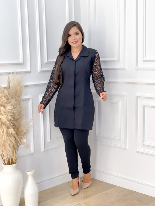 Jaleco Oxford Manga Renda Preto